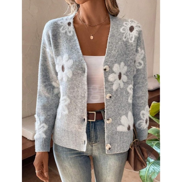 Grey Cardigan Knit Flower Textured Button Front - Picture 6 of 9